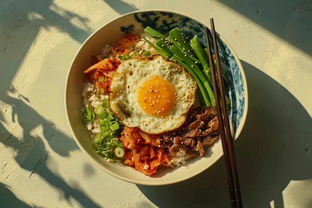 Fully assembled Korean Beef Bowl with colorful toppings.