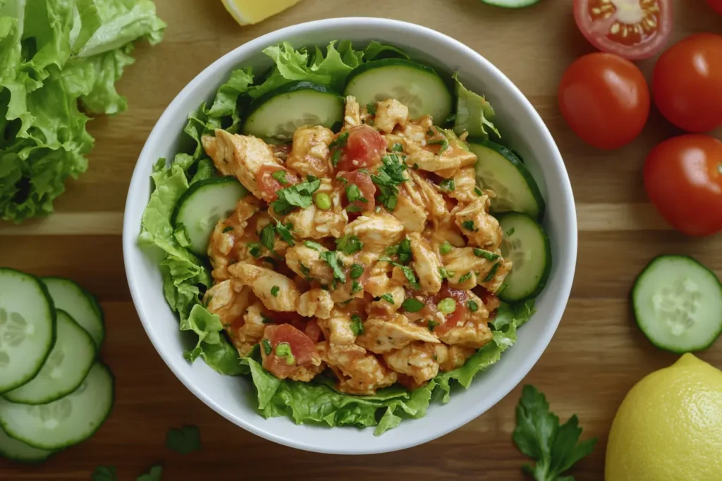 Completed Zesty Lemon Chicken Salad with fresh vegetables.