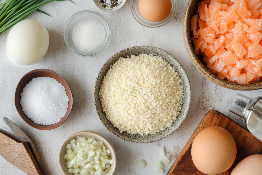 Ingredients for old fashioned salmon patties recipe including salmon, breadcrumbs, egg, and seasonings