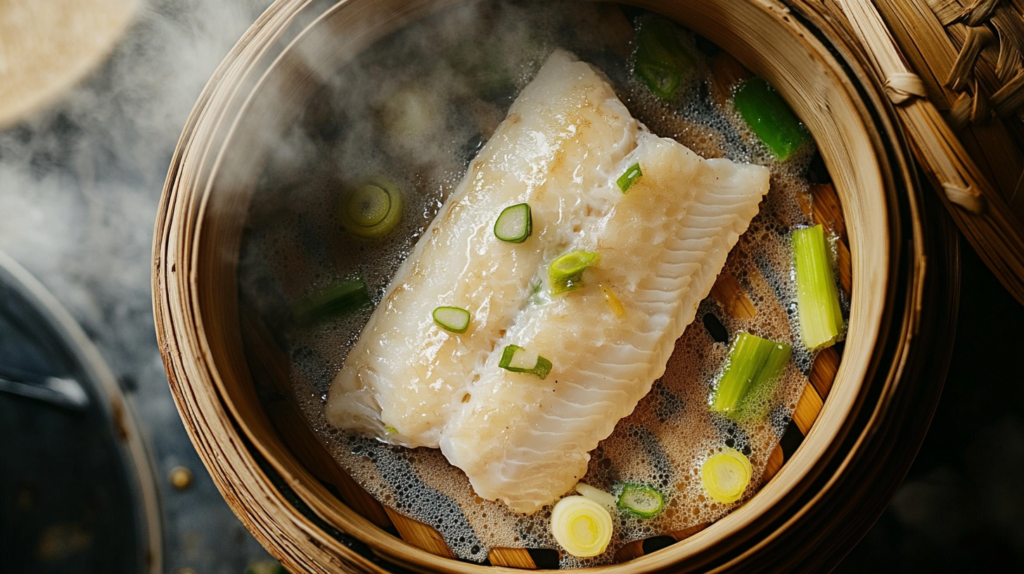 A delicate fish fillet steaming in a bamboo basket with ginger and scallions