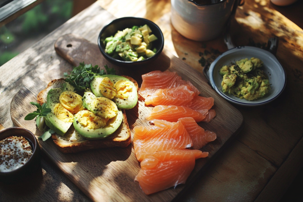 Overhead view of Easy Salmon Breakfast Ideas (High Protein Breakfasts!) on a kitchen table.