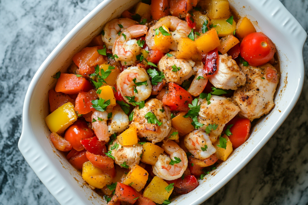 A top-down view of chicken and shrimp served with fresh vegetables and herbs on a white plate