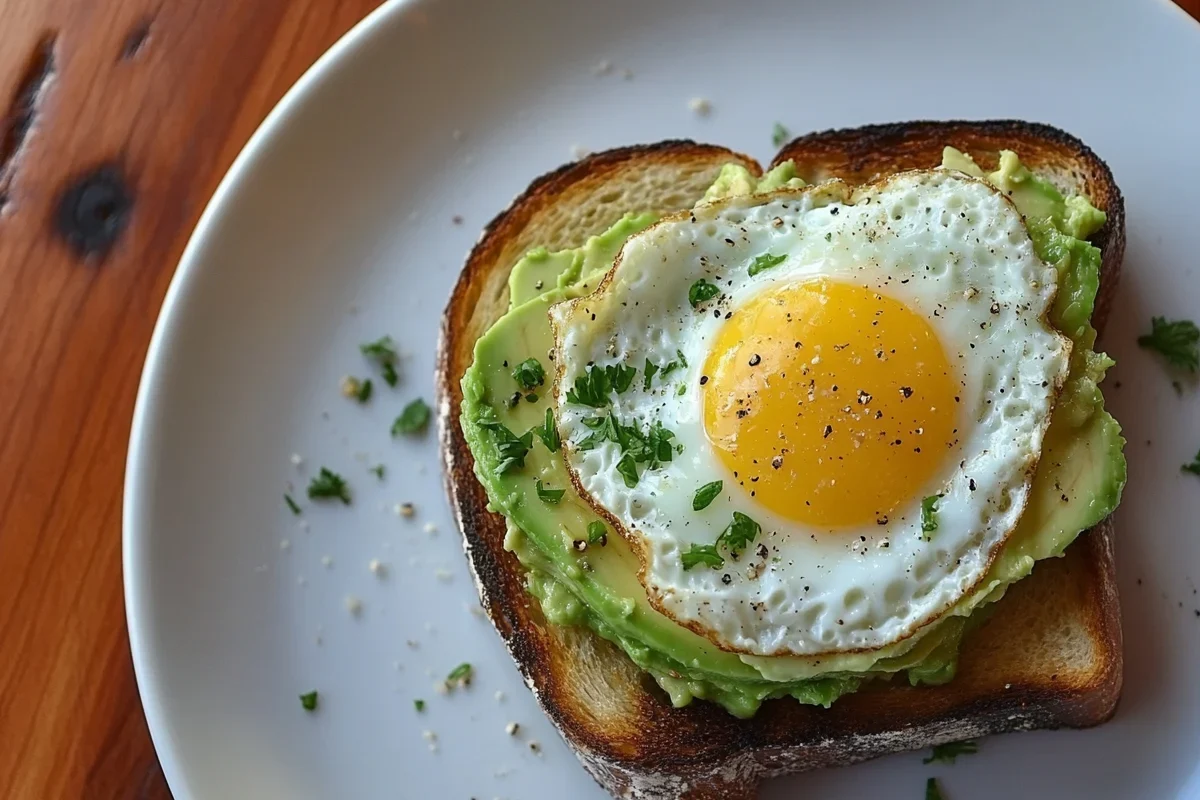 Delicious avocado and egg toast on a plate.