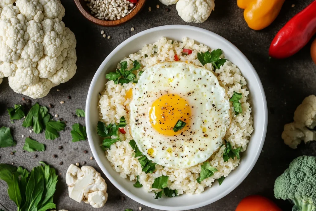 A vibrant cauliflower rice breakfast bowl with scrambled eggs on a plate.