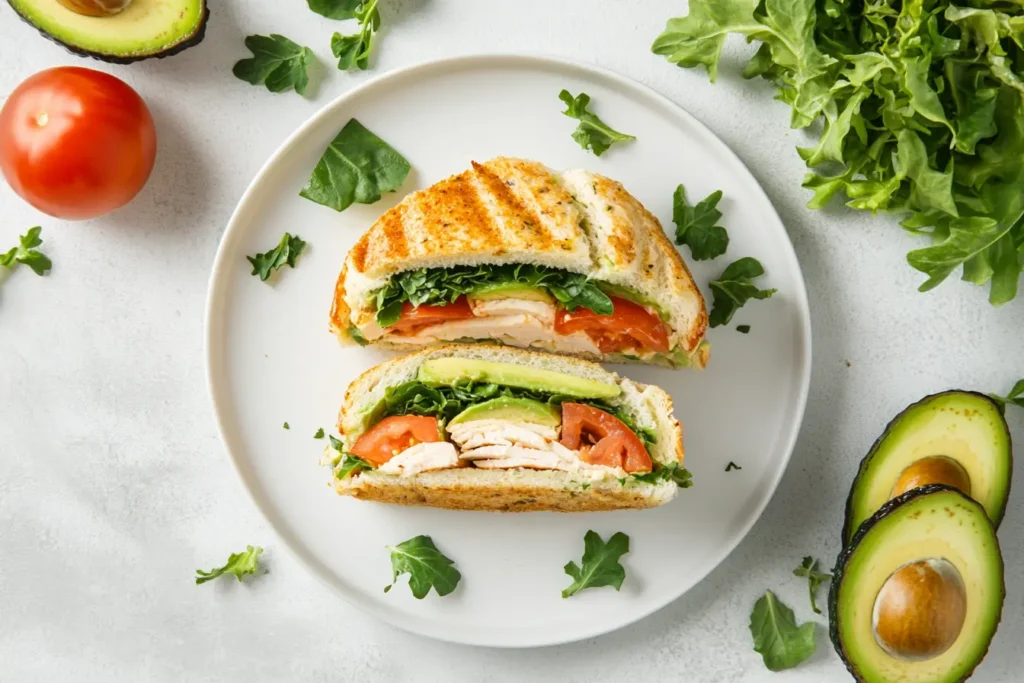 Avocado and Turkey Club Sandwich with fresh vegetables
