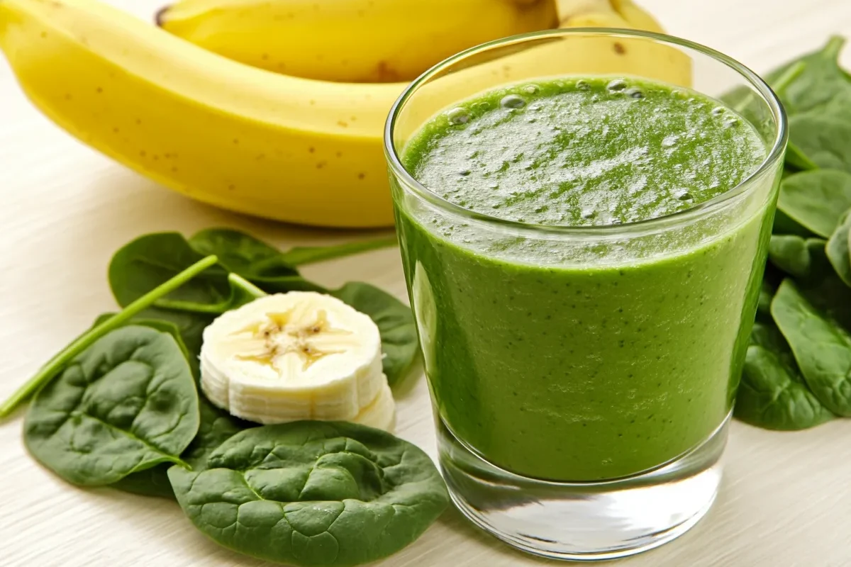 A refreshing banana and spinach green smoothie in a glass.
