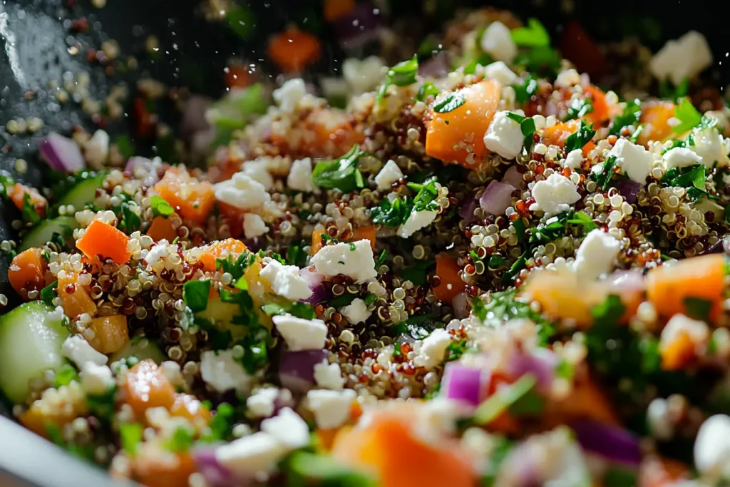 Tossing Mediterranean Quinoa Salad with fresh ingredients