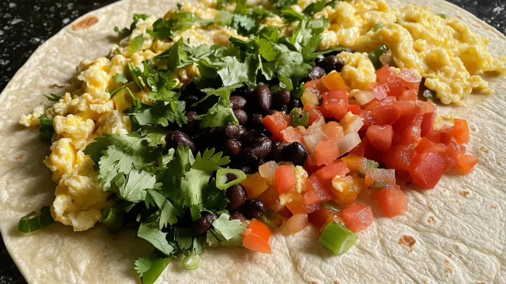 Close-up view of healthy breakfast burrito ingredients: scrambled eggs, bell peppers, onions, black beans, low-fat cheese, and cilantro