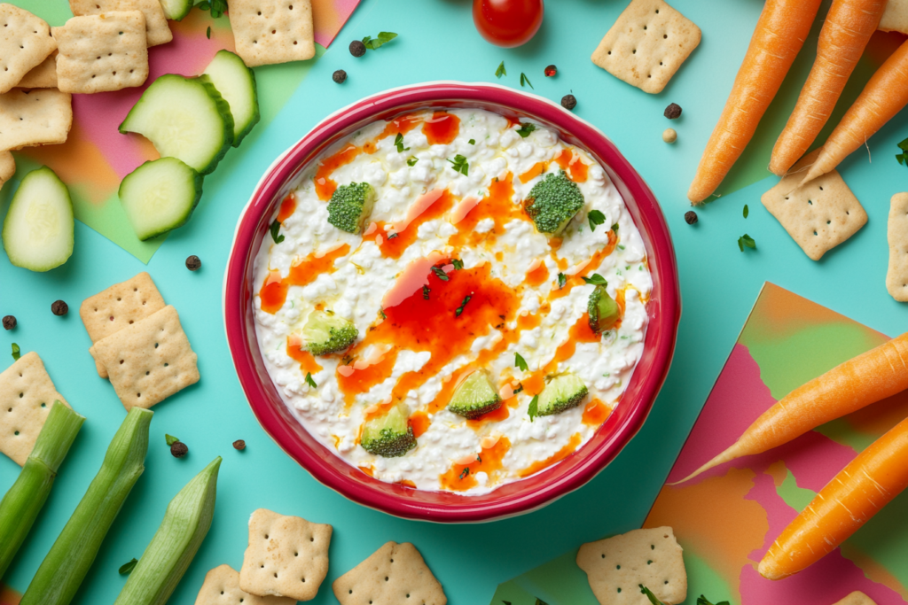 Spicy cottage cheese dip with vegetables and crackers.