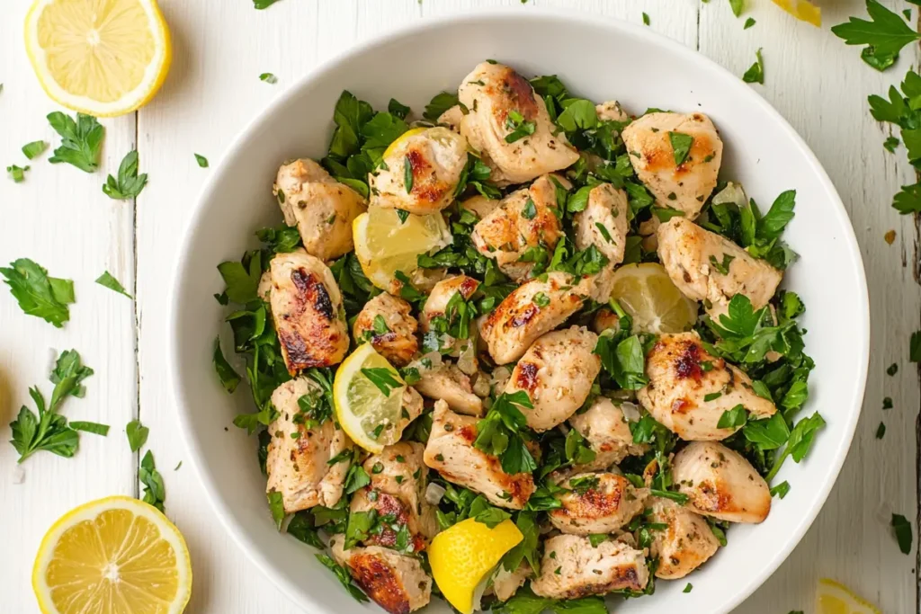 Zesty Lemon Chicken Salad in a bowl.