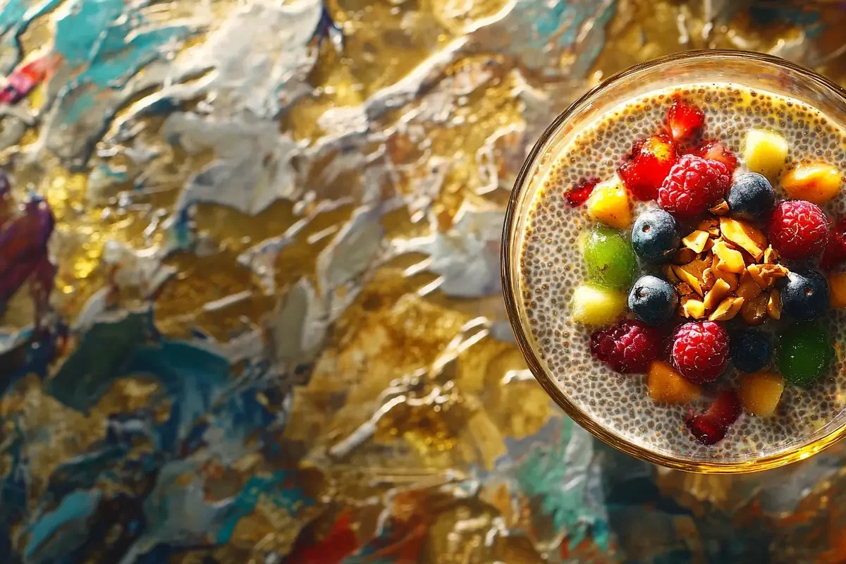 colorful and delicious chia seed pudding with fresh fruit and a drizzle of honey.