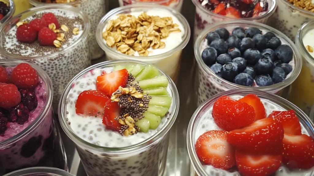 Close-up of creamy chia seed pudding topped with fresh fruits,