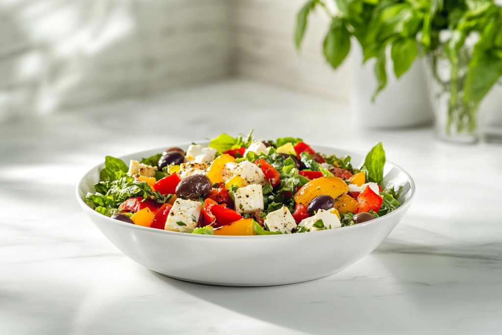 A naturally refreshing bell pepper salad with feta cheese