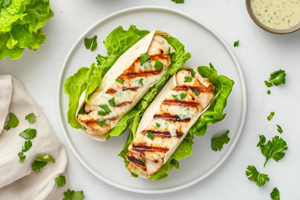 Grilled Chicken Caesar Wraps on a white plate