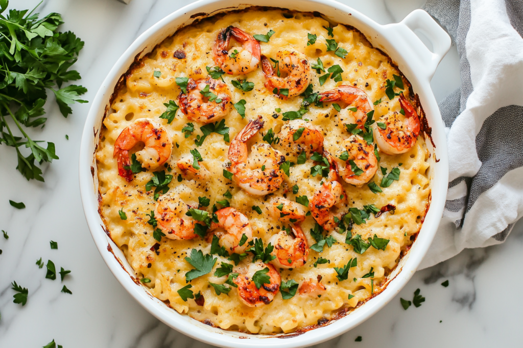 Seafood mac and cheese, freshly prepared.
