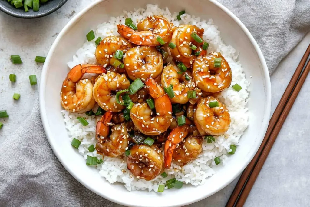 Honey Garlic Shrimp Stir-Fry over rice with green onions and sesame seeds
