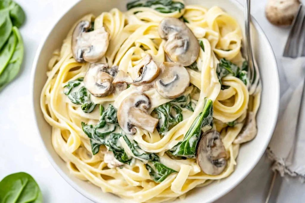 Spinach and Mushroom Pasta in a bowl, ready to eat