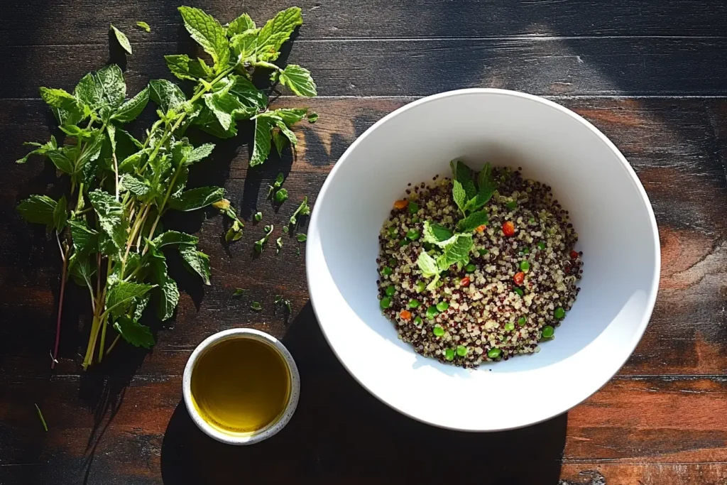 Served Mediterranean Quinoa Salad with olive oil and mint.
