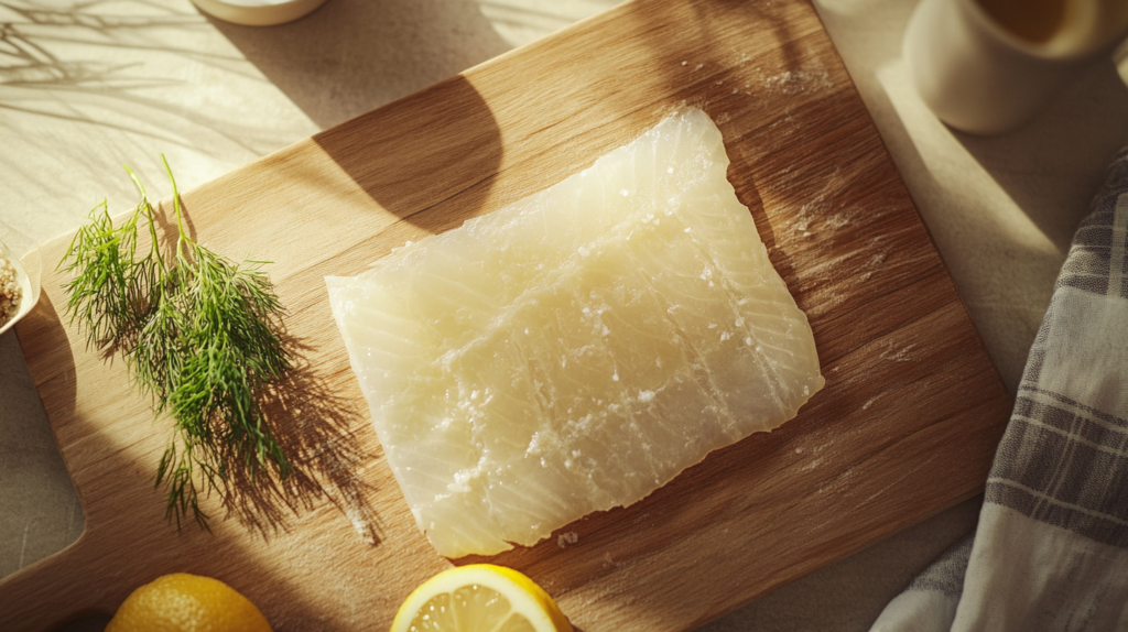 A thin, delicate white fish fillet resting on a cutting board with fresh dill and lemon