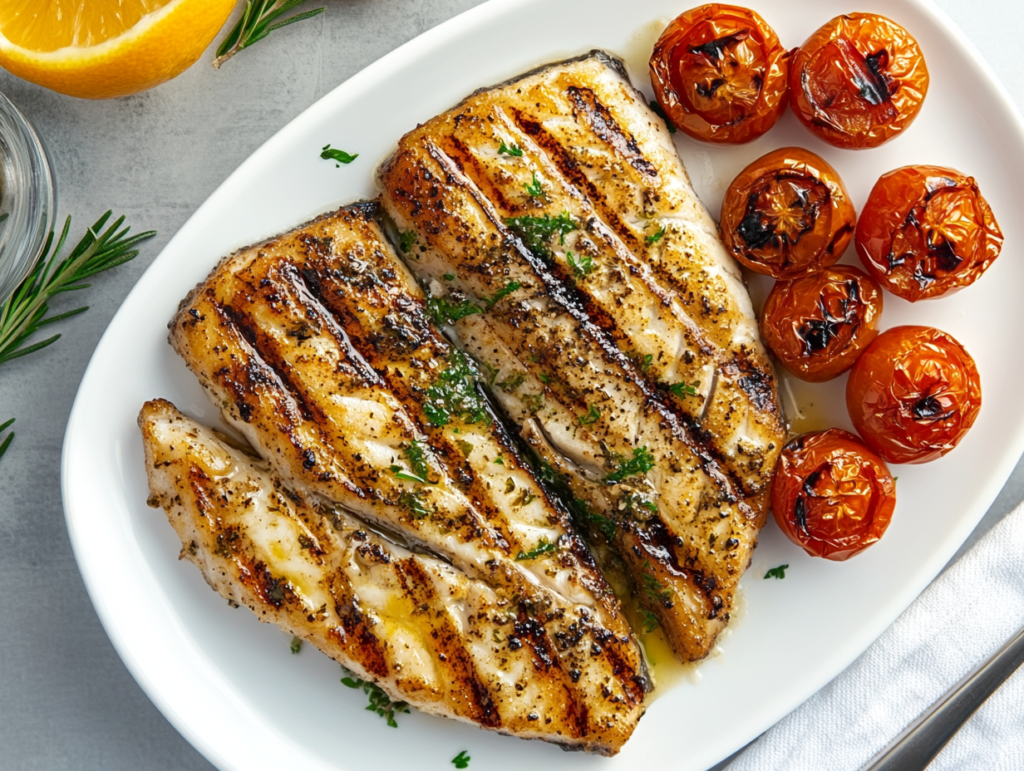 A plated grilled rockfish fillet with a citrus-herb sauce, accompanied by roasted cherry tomatoes