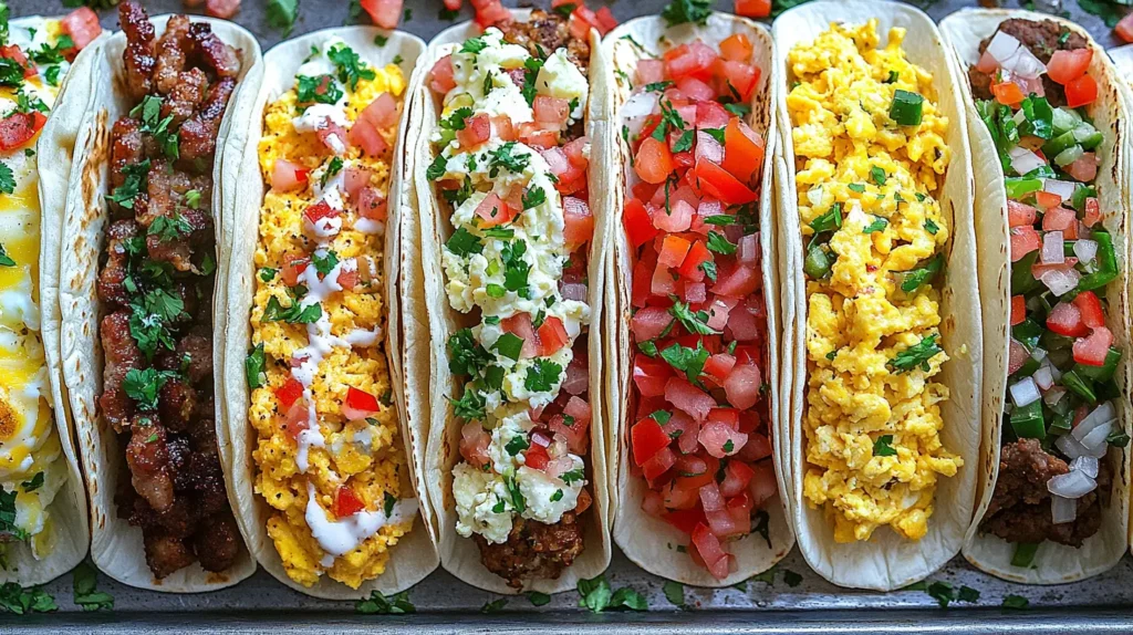 Overhead shot of a platter of colorful breakfast tacos with varied fillings,