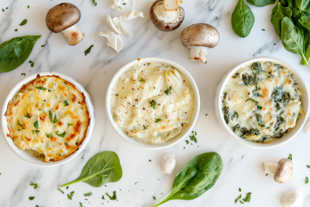 Crab casserole variations: spicy, artichoke, and mushroom