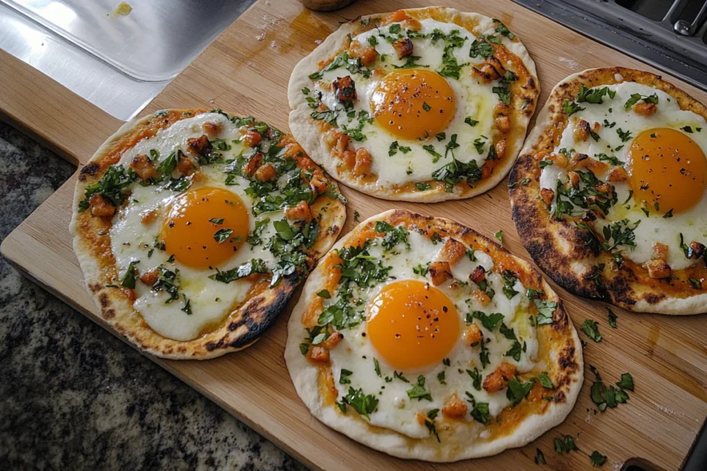 Breakfast flatbreads featuring eggs, cheese, and assorted vegetables