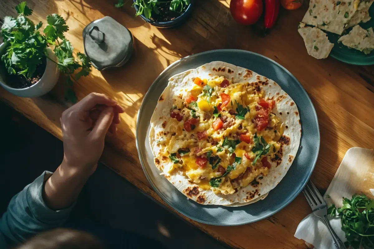 Golden breakfast quesadilla loaded with eggs, cheese, and toppings