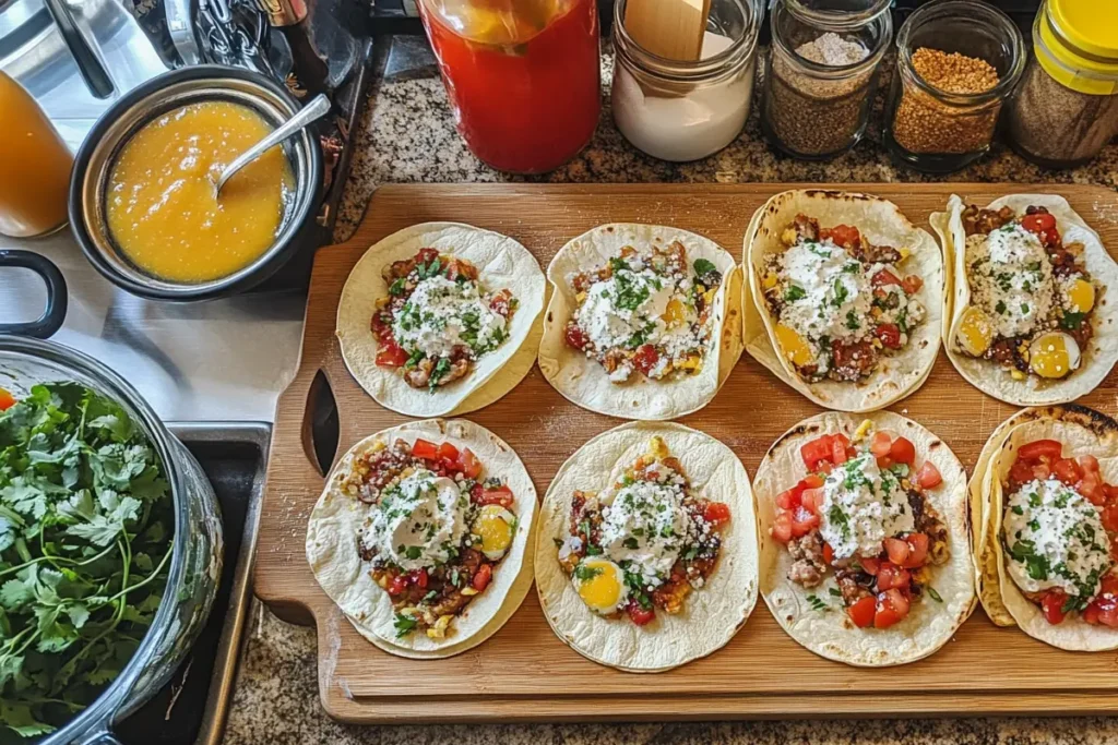 Flavorful breakfast tacos with eggs and colorful vegetables