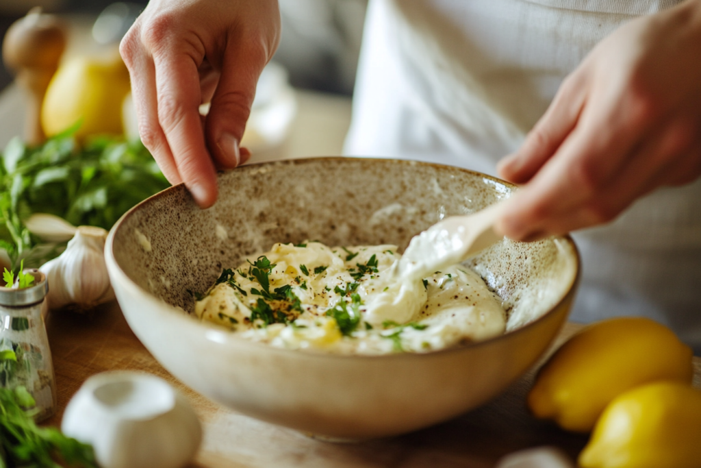 Hands preparing garlic aioli sauce, a popular sauce you eat with seafood, with ingredients like garlic, mayonnaise, and lemon juice