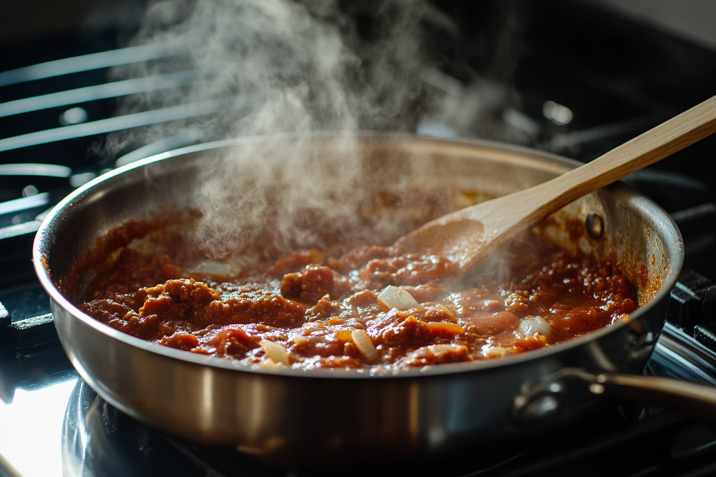 3 ingredient sloppy joe mix simmering in a skillet