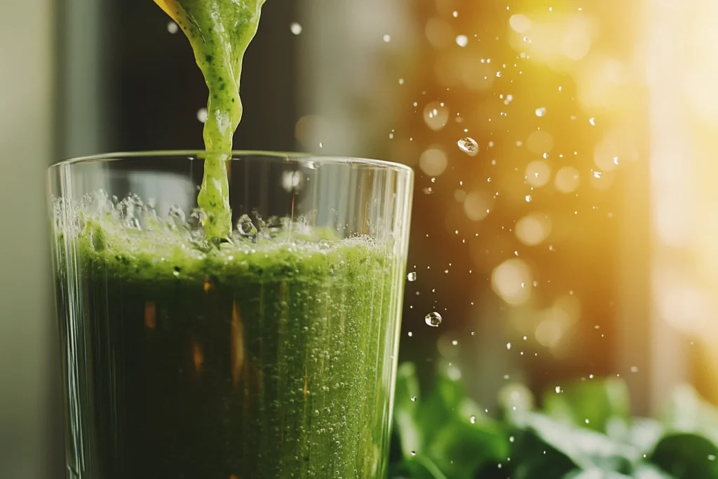 A close-up of a fresh banana and spinach green smoothie being poured into a glass.