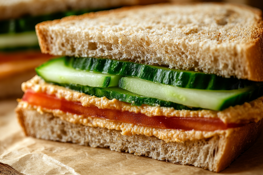 Vegan hummus and vegetable sandwich on whole-wheat bread.