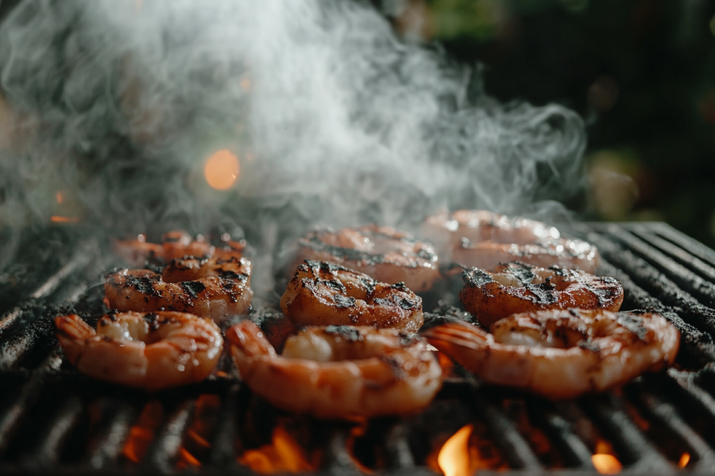 Tasty shrimp barbecue on a grill.