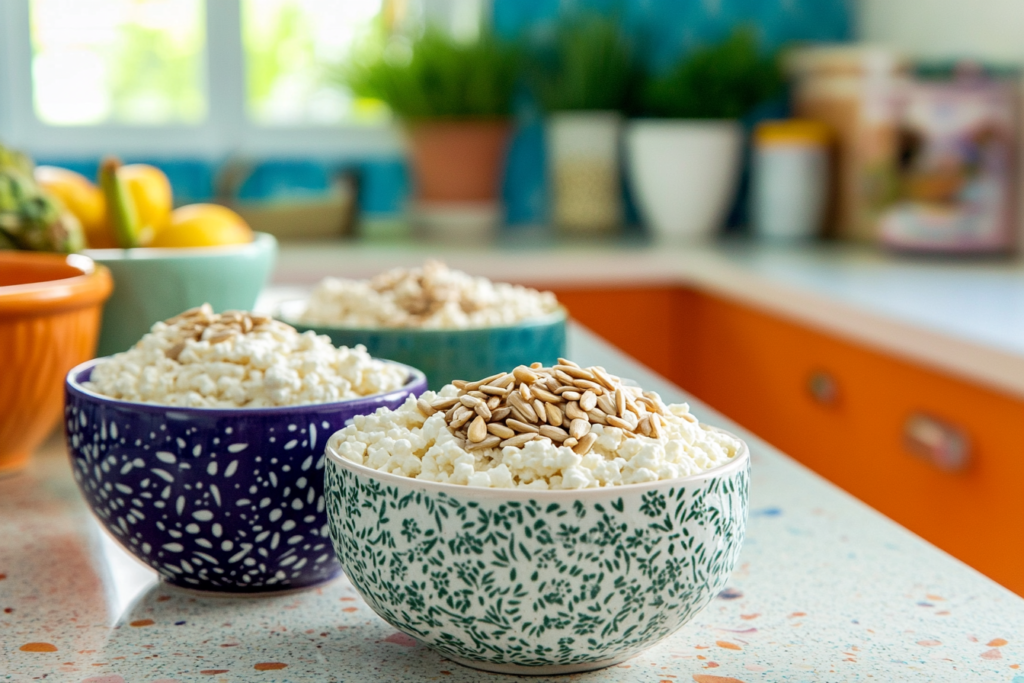 Cottage cheese snack bowls with sunflower seeds.