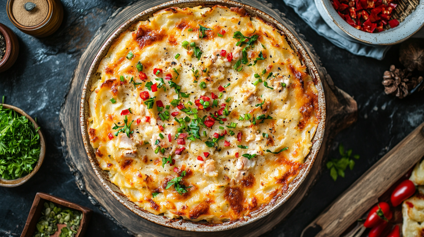 Creamy and Cheesy Mashed Potato Chicken Casserole with golden melted cheese