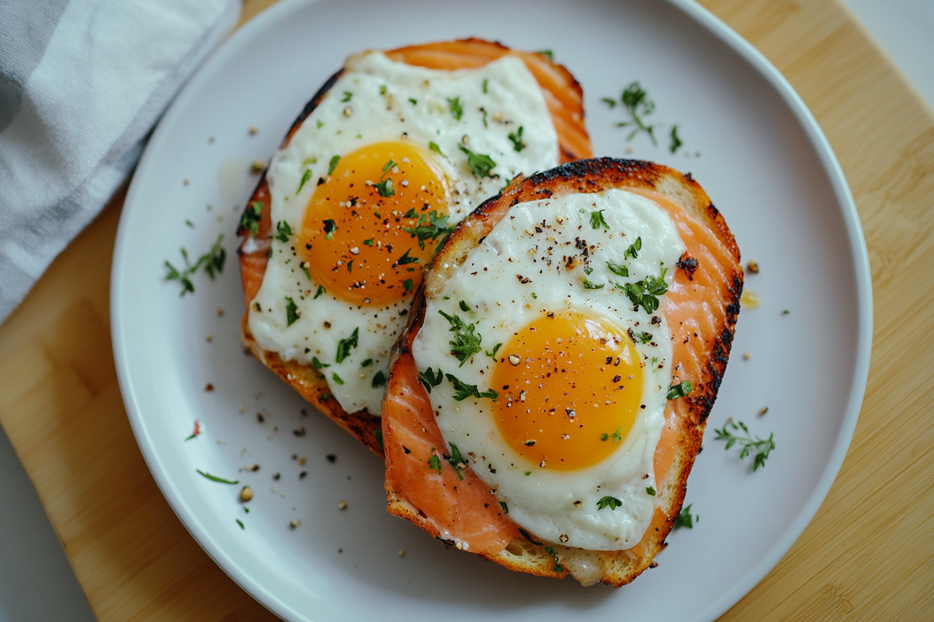 Overhead view of Easy Salmon Breakfast Ideas (High Protein Breakfasts!) on a kitchen table