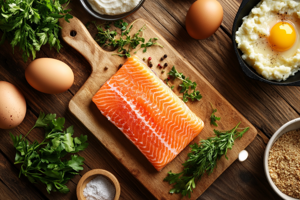 Ingredients for salmon patties vs salmon croquettes on a wooden board