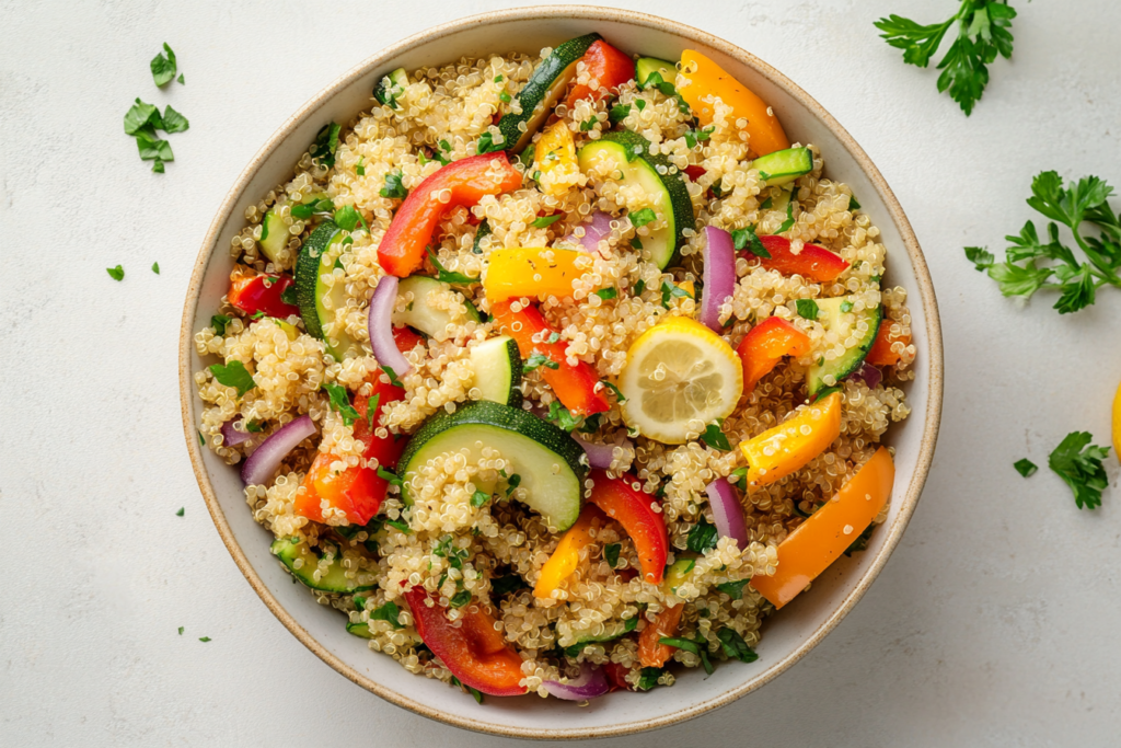 A colorful vegan quinoa salad bowl with roasted vegetables.