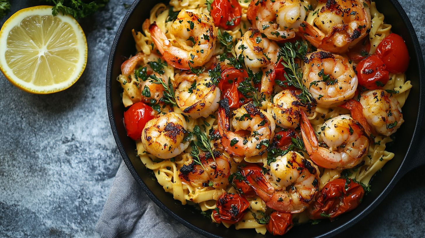 A close-up top-down view of a colorful chicken and shrimp dish garnished with fresh herbs in a bright kitchen.