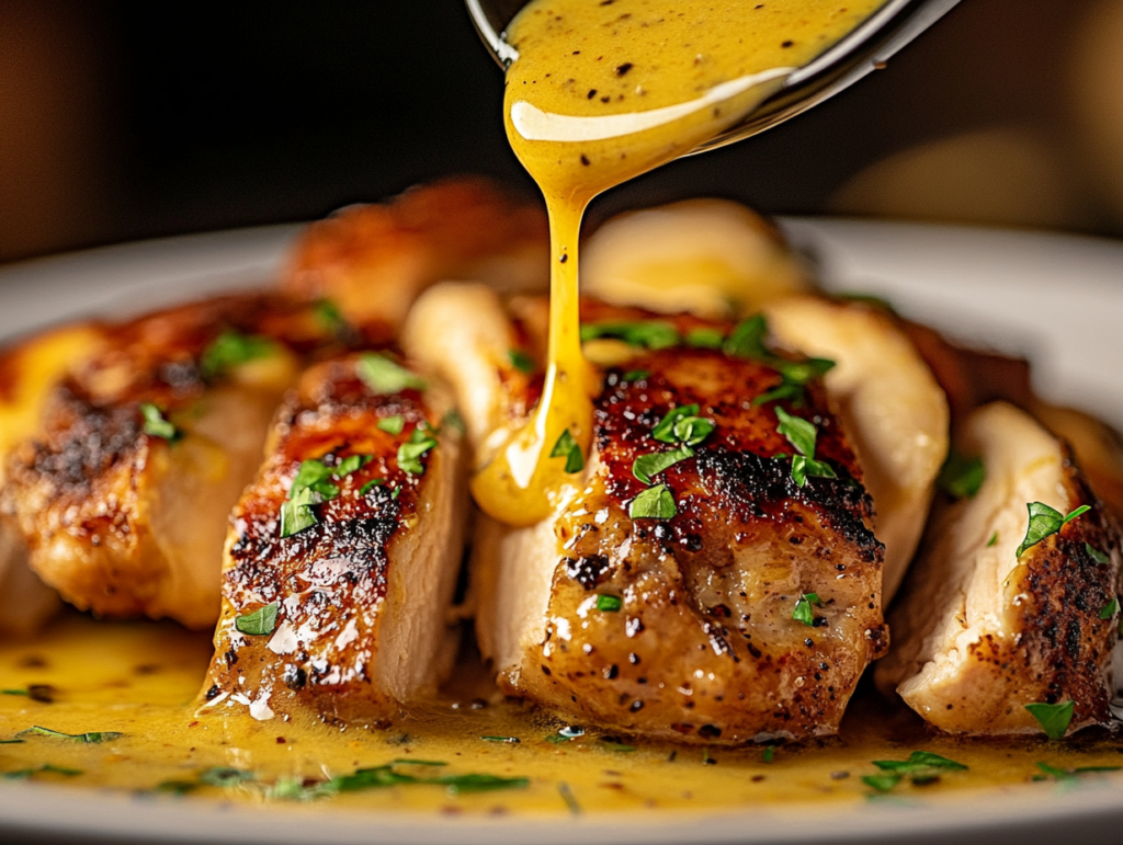 Close-up view of creamy honey mustard sauce being drizzled over Alice Springs Chicken under warm lighting