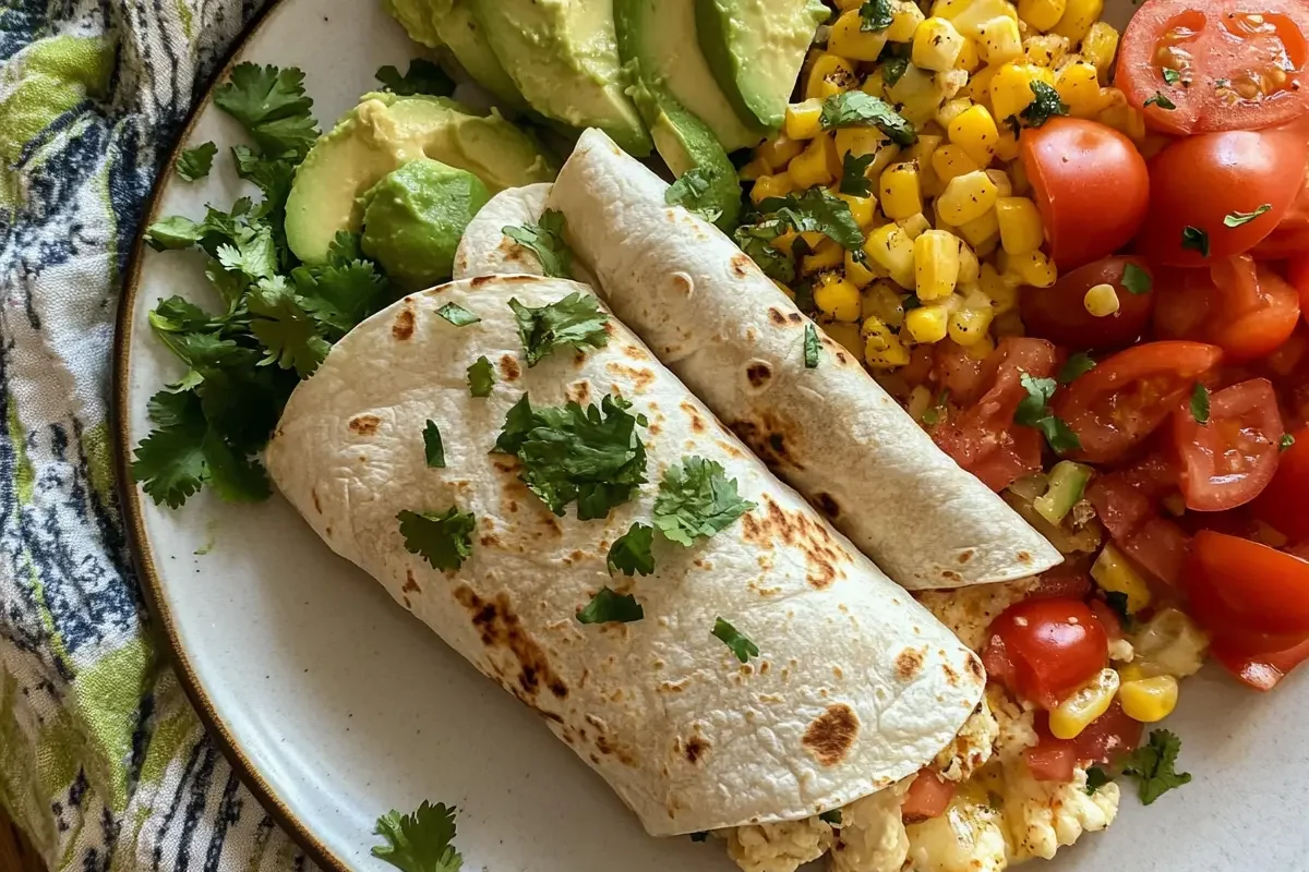Healthy breakfast burrito with colorful vegetables and eggs