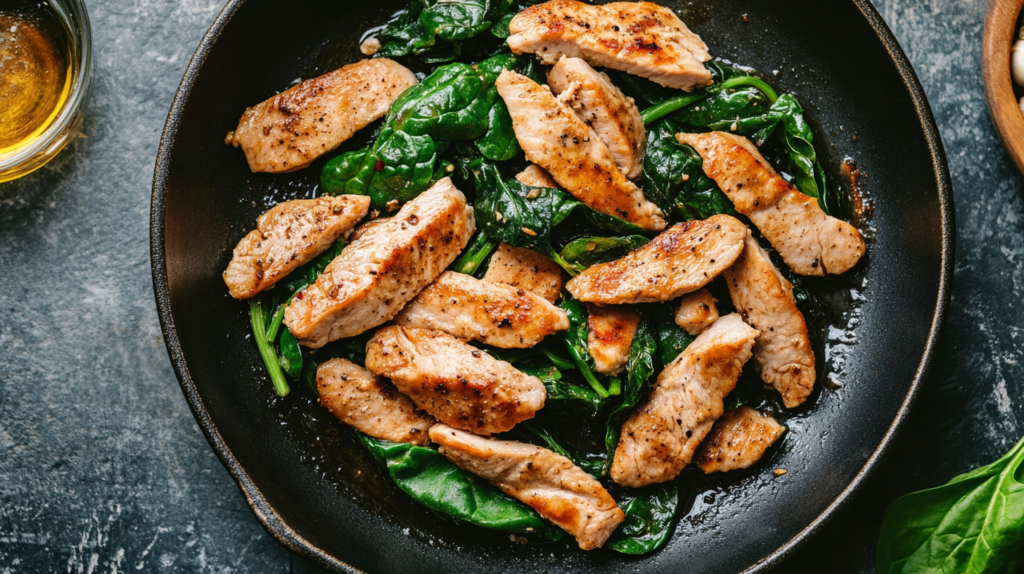 Top-down view of lean turkey strips served with sautéed spinach and whole-grain toast for a healthy breakfast