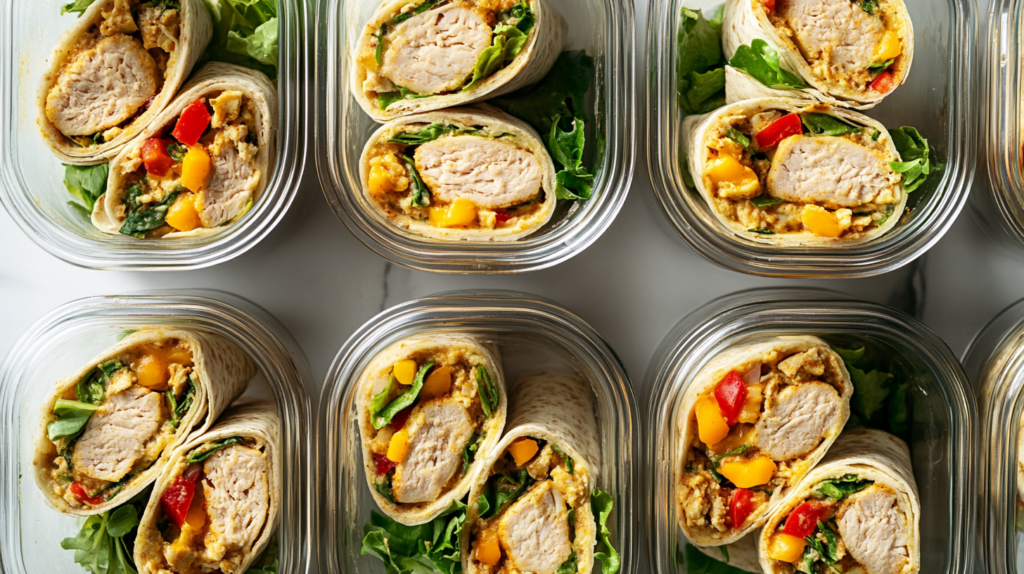 Overhead shot of meal-prepped lean turkey breakfast burritos neatly packed in containers