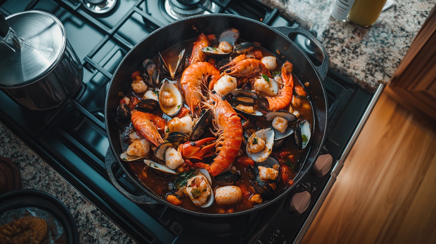 overhead view of homemade seafood boil sauce recipe in a saucepan