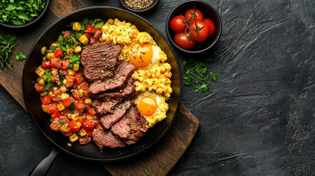 Skillet with canned corn beef breakfast recipes with no potatoes, scrambled eggs, and vegetables