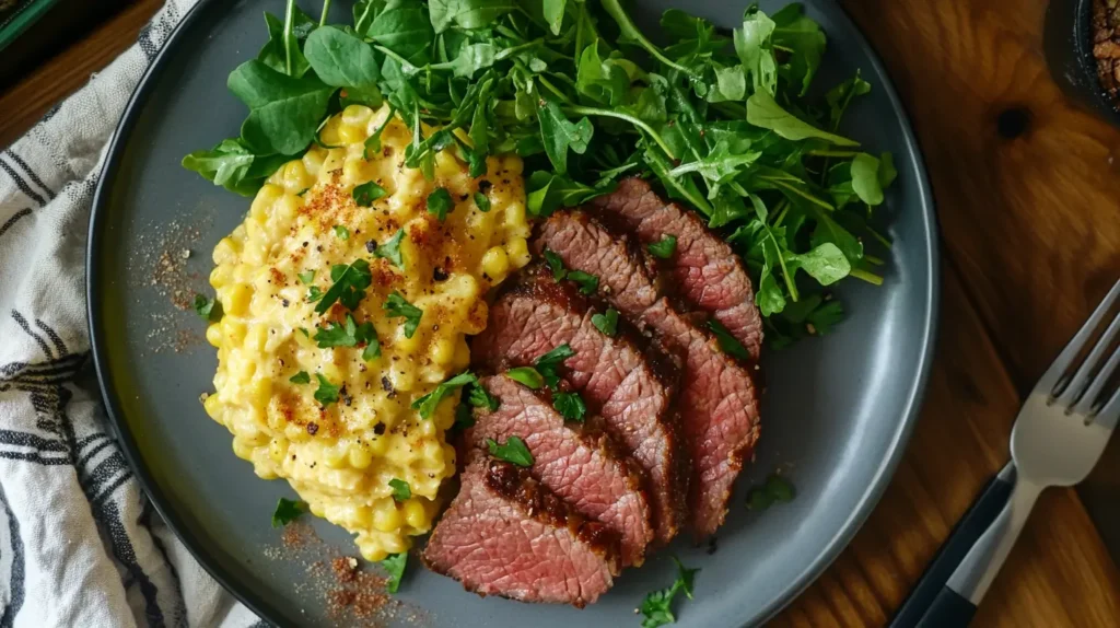 Plated canned corned beef breakfast recipes with no potatoes served with fresh greens