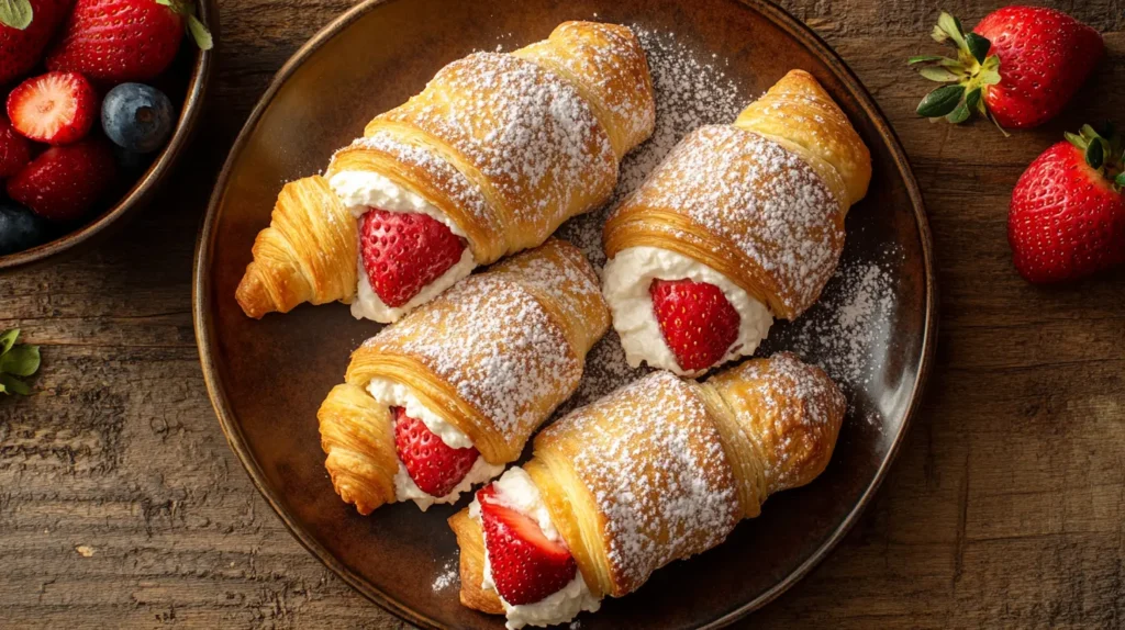 Golden crescent rolls filled with strawberries and cream cheese, dusted with powdered sugar